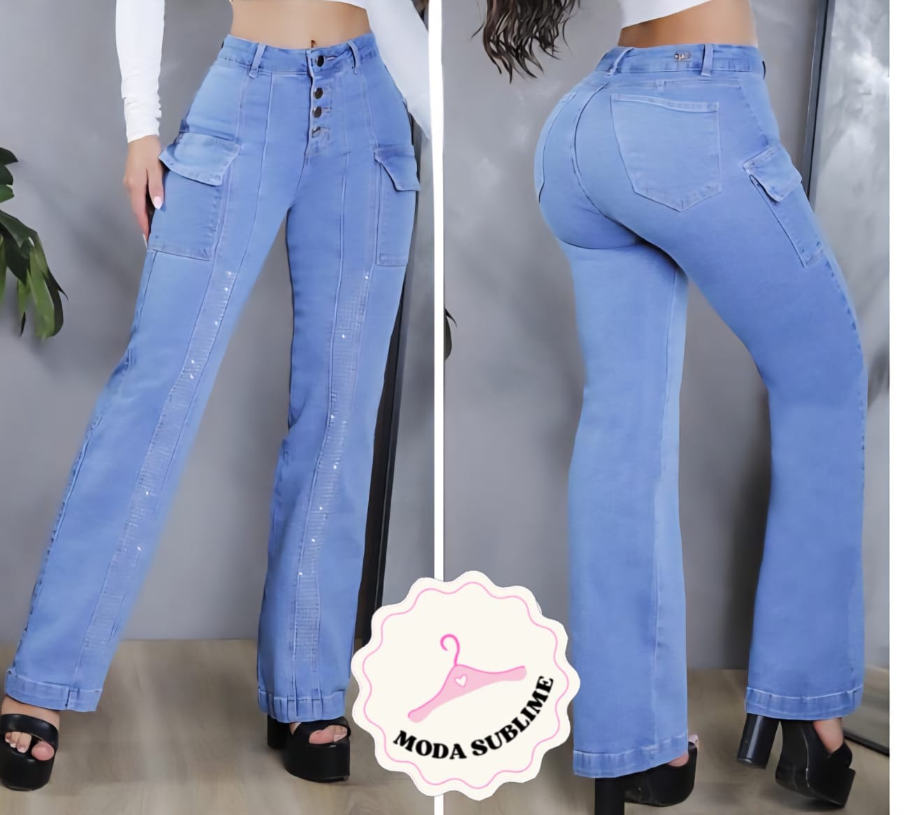 Jeans Cargo Piedras Verticales