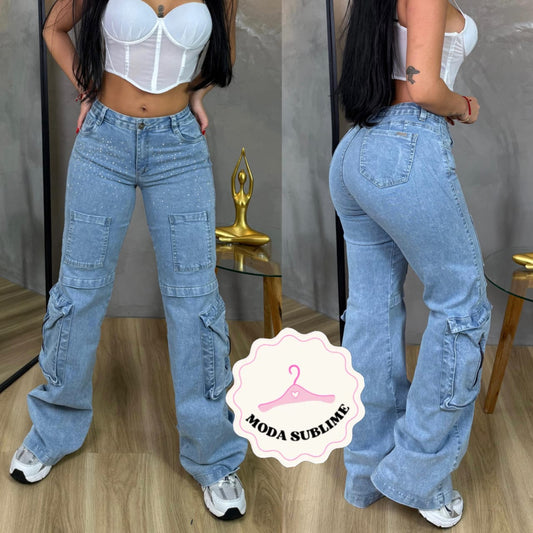 Jeans Cargo con Brillos